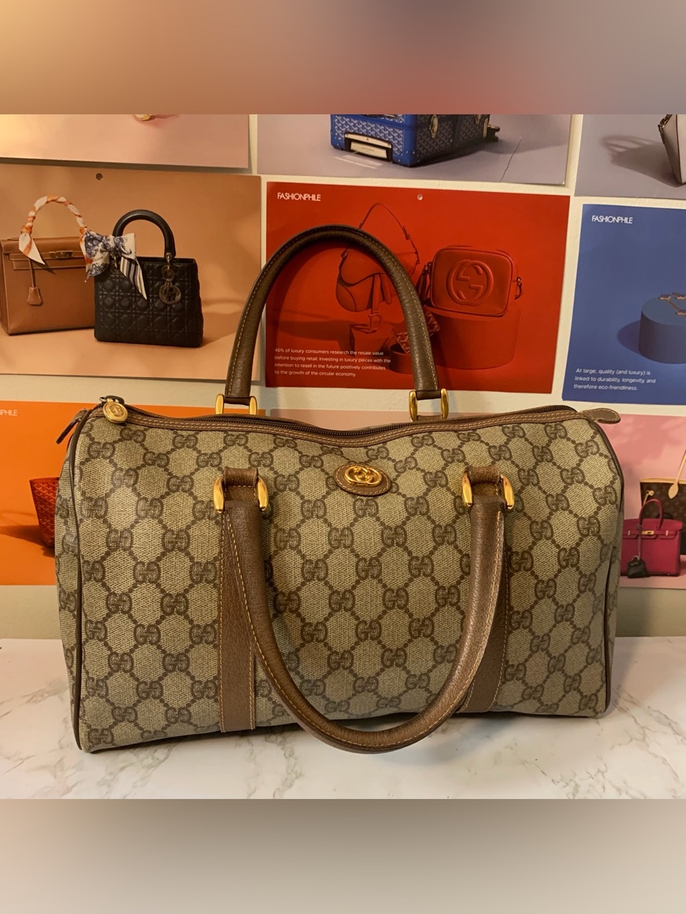 Gucci Beige GG Supreme Canvas Brown Leather Top-Handle Satchel